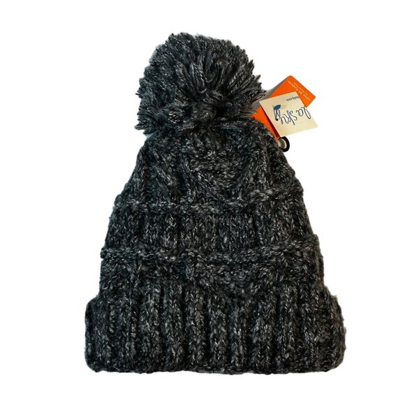 Love Of Fashion Women's Chunky Knit Faux Fur Lined Pom Pom Beanie Black Gray - Picture 5 of 6